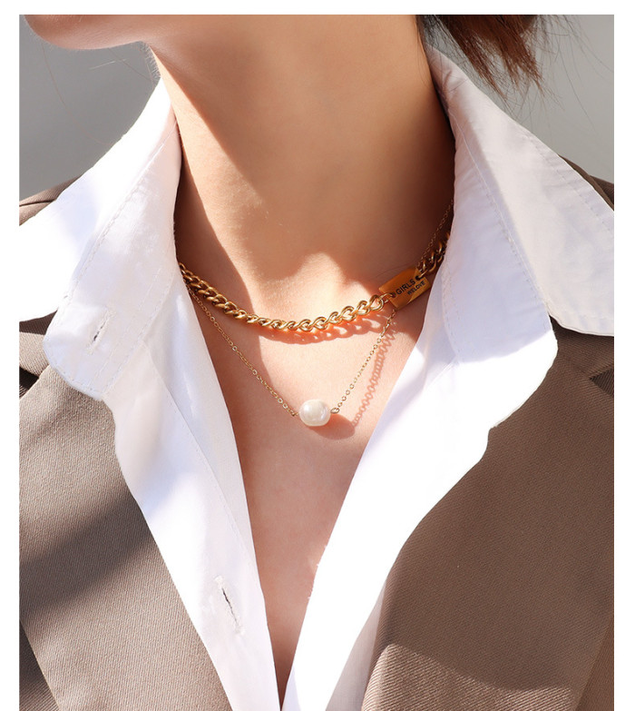 French Vintage Irregular Freshwater Pearl Gold Plated Square Chain Layered Necklaces for Women Ladies Pearl Necklace