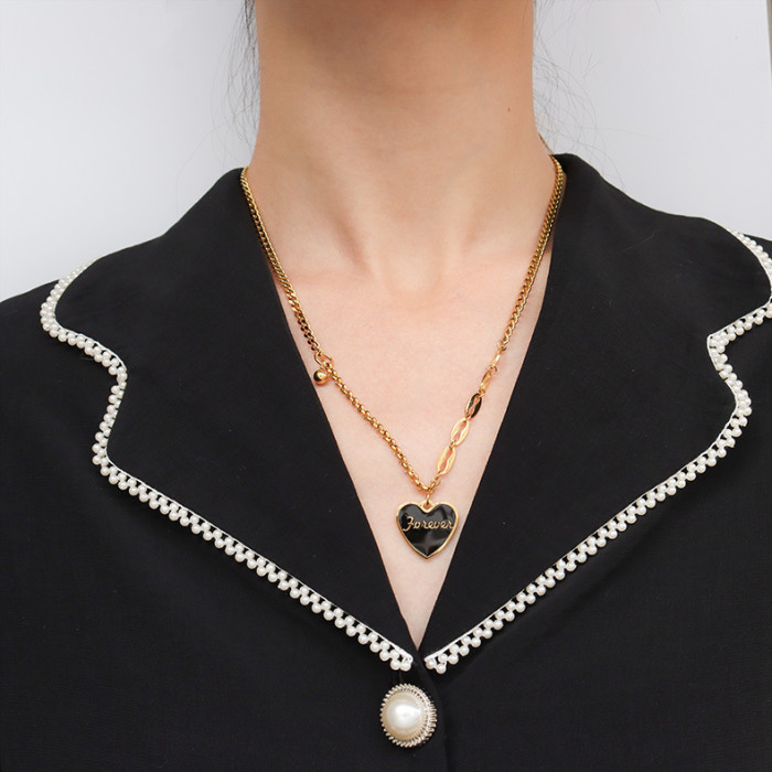 Minimalist Black Enamel Love Heart Pendant Necklace for Women Letter Asymmetry Chunky Chain Necklace Jewelry