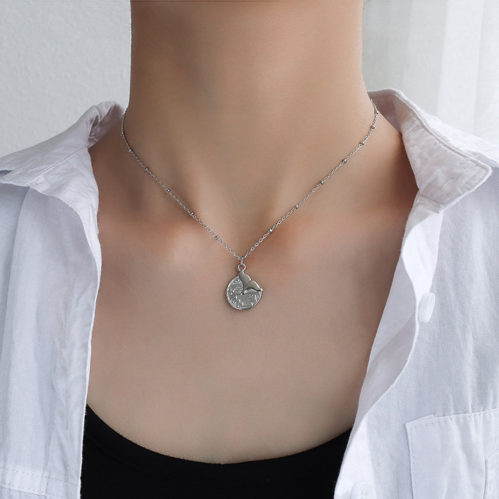 Stainless Steel Jewelry Fishtail Round Brand Pendant Necklace Women's Fashion Elegant Clavicle Chain