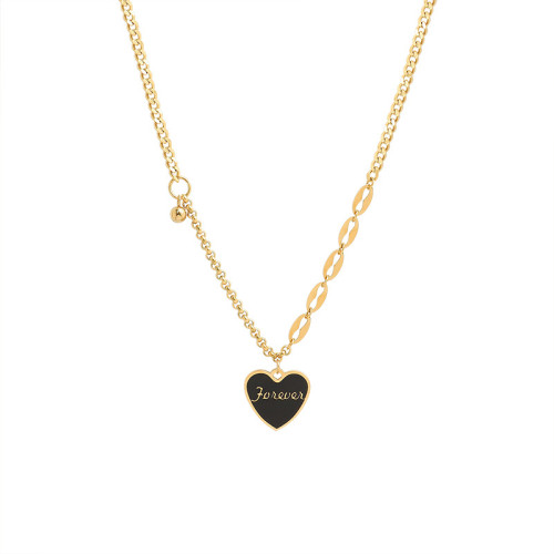 Minimalist Black Enamel Love Heart Pendant Necklace for Women Letter Asymmetry Chunky Chain Necklace Jewelry