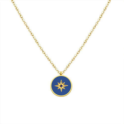 Hot Stainless Steel 18K Gold Plated Sky Blue Epoxy Eight Star Diamond Necklace for Women Girl Fashion Jewelry
