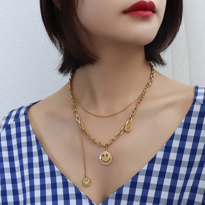 Korean Necklace Fashion Jewelry Chain Smiley Statement Necklace Double Clavicle Chain Sweater Necklace Women Wholesale