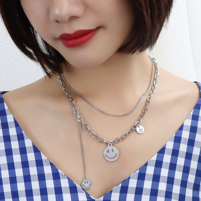 Korean Necklace Fashion Jewelry Chain Smiley Statement Necklace Double Clavicle Chain Sweater Necklace Women Wholesale