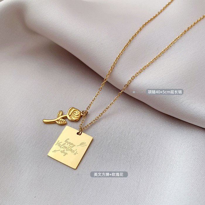 Stainless Steel 18K Gold Plated Vintage Meaningful Ladies Gift Square Rose Plate Pendant Necklaces For Women