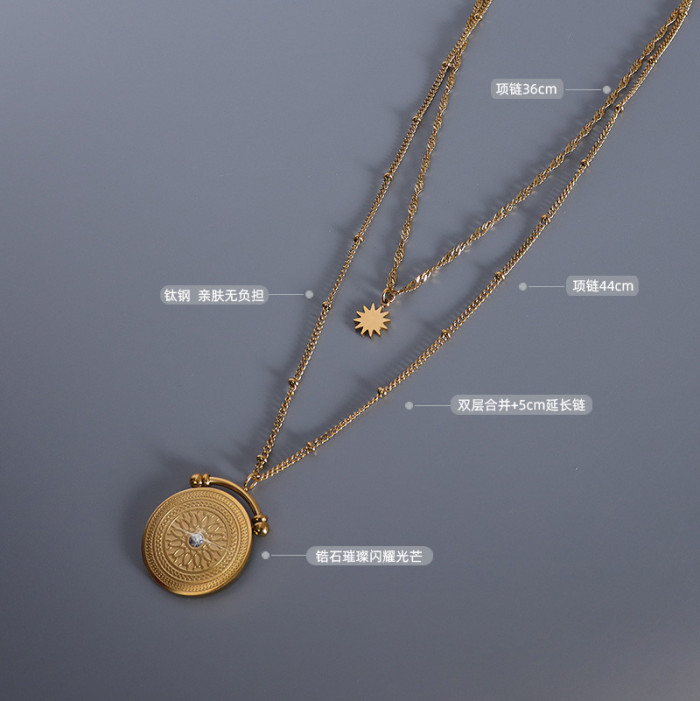 Gold Circle Irregular Sun Necklace for Women Stainless Steel Round Pendant Double Layer Necklaces Sun God Jewelry Gift
