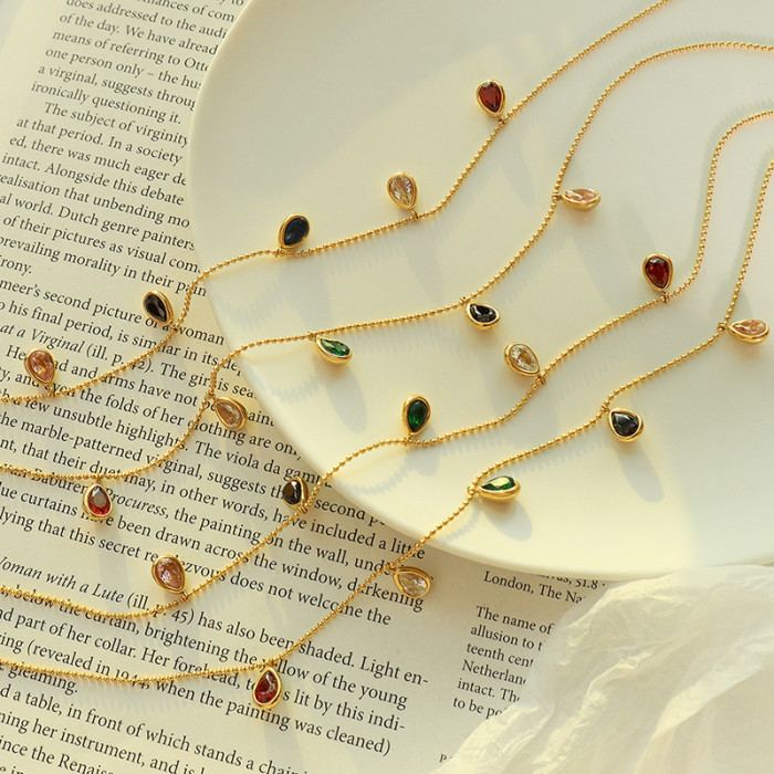 Boho Water Drop Colorful Crystal Pendant Necklace for Women Gold Necklace Female Party Jewelry
