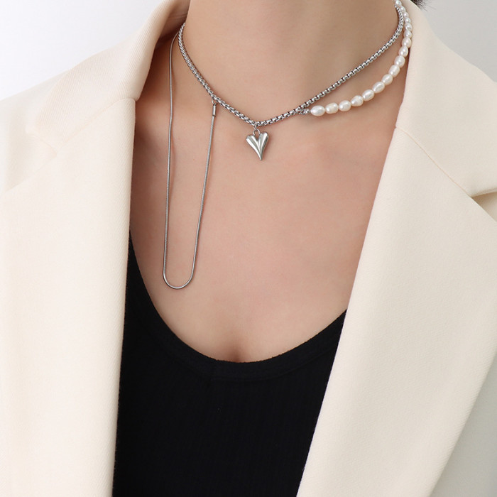 Natural Freshwater Pearl Stitching Chain Tassel Double Layer Sweater Chain Titanium Steel Plated 18K Clavicle Necklace
