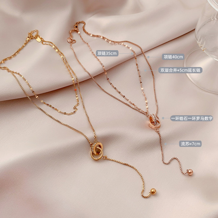 New Double Layer Luxury Pull Ring Interlocking Necklace for Women Fashion Simple Double Ring Inlaid Zircon Short Clavicle Chain