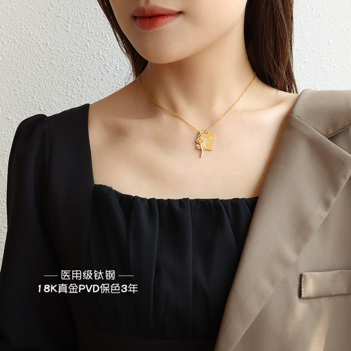 Stainless Steel 18K Gold Plated Vintage Meaningful Ladies Gift Square Rose Plate Pendant Necklaces For Women