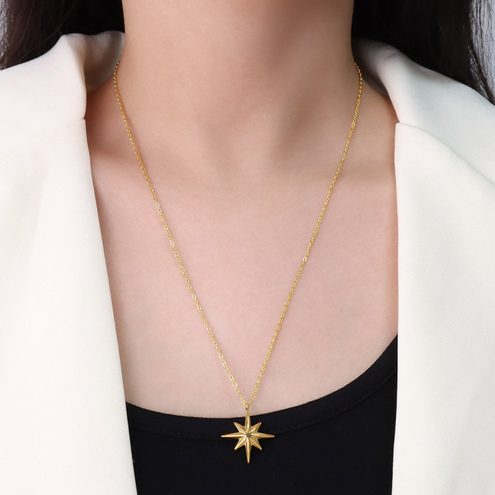 Retro Jewelry Gold Color Star Pendant Necklace for Women Chain Stainless Steel