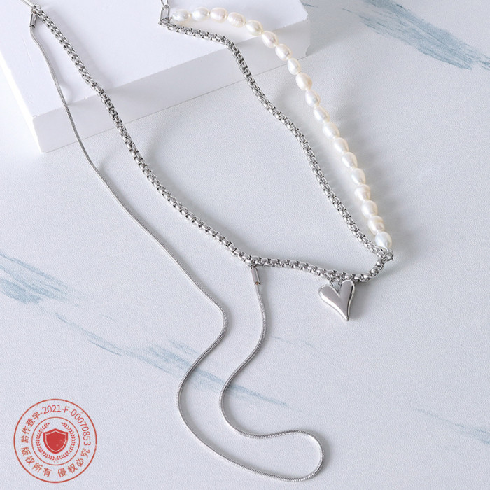 Natural Freshwater Pearl Stitching Chain Tassel Double Layer Sweater Chain Titanium Steel Plated 18K Clavicle Necklace