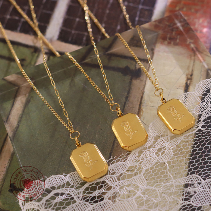 Square Plate Pendant Rose Flower Pattern Necklace Wholesale Jewelry
