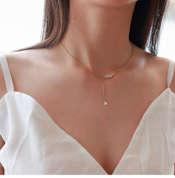 Delicate Angel Wing Shell Charm Necklace with Zircon Tassel Chain Pendant Clavicle Chain Necklace Wholesale