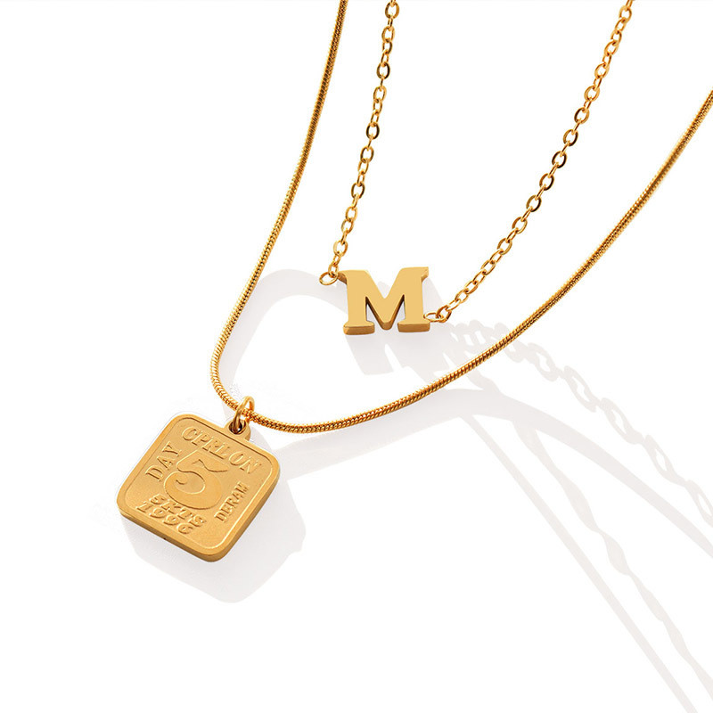 Popular M Letter Square Pendant Necklace Gold Color Double Layer For Female 316L Snake Necklace Fashion Jewelry Gift Choker