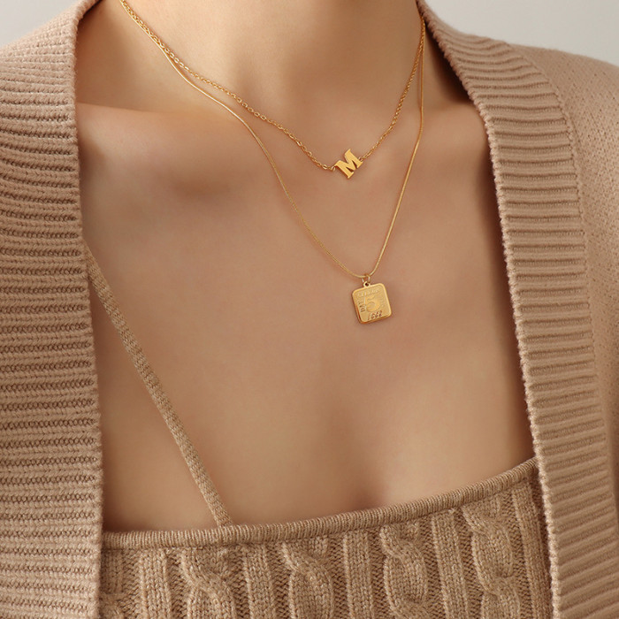 Popular M Letter Square Pendant Necklace Gold Color Double Layer For Female 316L Snake Necklace Fashion Jewelry Gift Choker