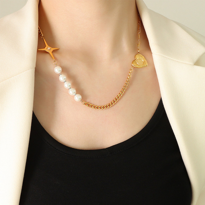 Fashion Hip Hop Tide Clavicle Chain Sterling Silver Necklace Imitation Pearl Stitching Cross Peach Heart Necklace