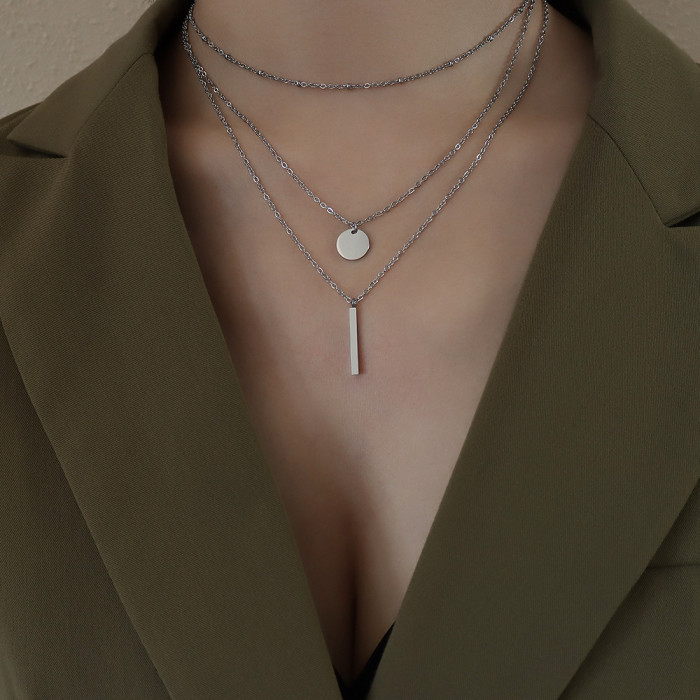 Gold Color Simple Three Layers Necklace Smooth Long Strip Pendants Women Wedding Gift Fine Accessories