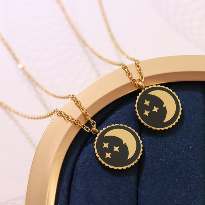 Jewelry Niche Design Star Moon Round Card Pendant Necklace Female Titanium Steel Gold Clavicle Chain