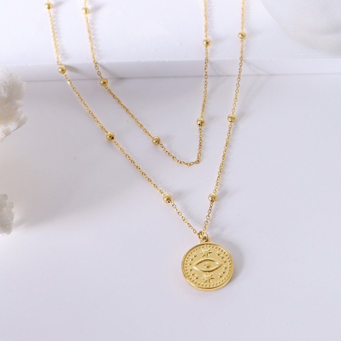 Stainless Steel Necklace for Women Multilayer Necklace Vintage Bohemian Double Layer Coin Pendant Chain Necklace Jewelry