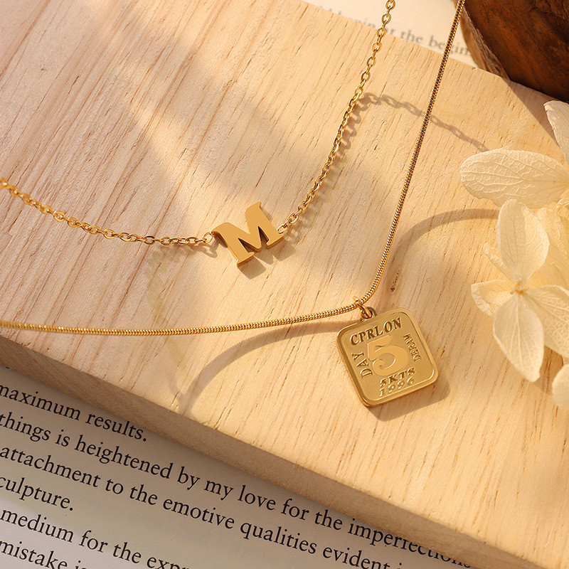 Popular M Letter Square Pendant Necklace Gold Color Double Layer For Female 316L Snake Necklace Fashion Jewelry Gift Choker