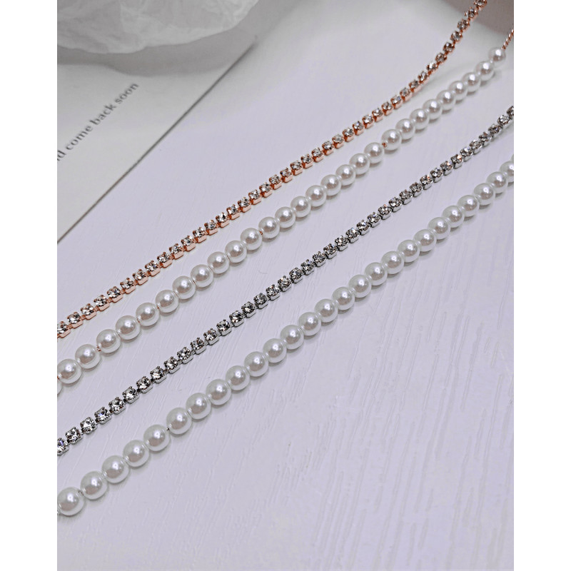 Hip Hop Silver Color Double Layer Splicing Pearl Zircon Clavicle Chain Metal Necklace for Women Men Jewelry