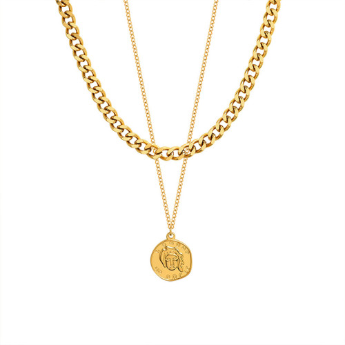 European Design Gold Silver Color Metal Round Portrait Chain Necklace for Women Men Fashion Double Layer Choker