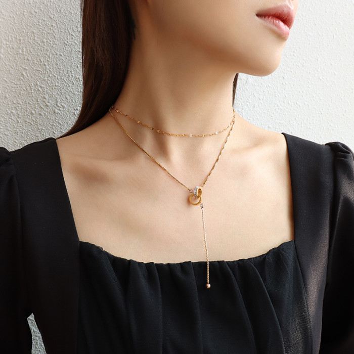 New Double Layer Luxury Pull Ring Interlocking Necklace for Women Fashion Simple Double Ring Inlaid Zircon Short Clavicle Chain