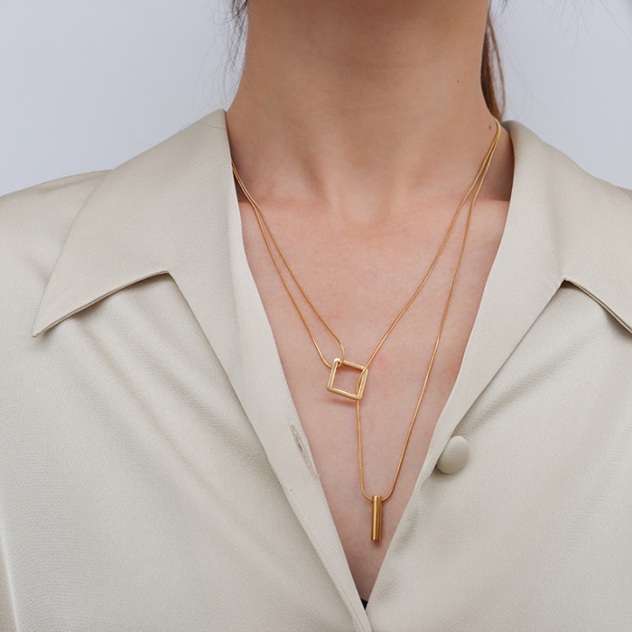 Double Layered Necklace Choker Women Square Necklace Pendant Strip Gold Color Collares Fashion Girl Party Alloy Jewelry