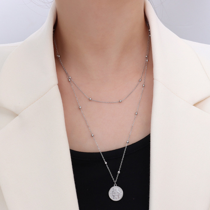 Stainless Steel Necklace for Women Multilayer Necklace Vintage Bohemian Double Layer Coin Pendant Chain Necklace Jewelry