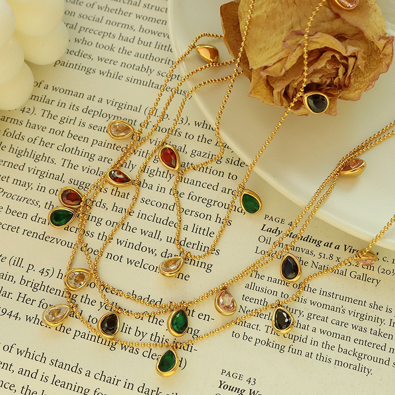 Boho Water Drop Colorful Crystal Pendant Necklace for Women Gold Necklace Female Party Jewelry