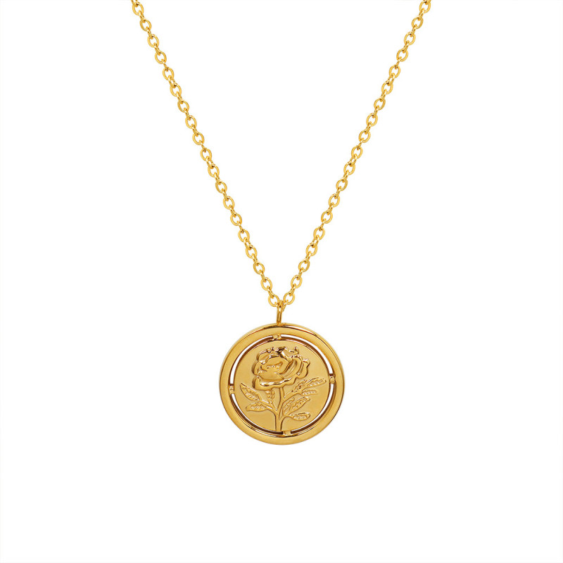 Vintage Gold Color Engraved Rose Flower Statement Necklace for Women Long Chain Round Pendant Coin Necklace