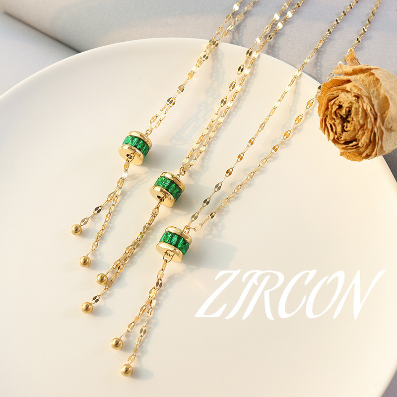 New Arrival Light Luxury Emerald Tassel Pendant Necklaces For Women Stainless Steel Zircon Stone Pendant Necklace Trendy Jewelry