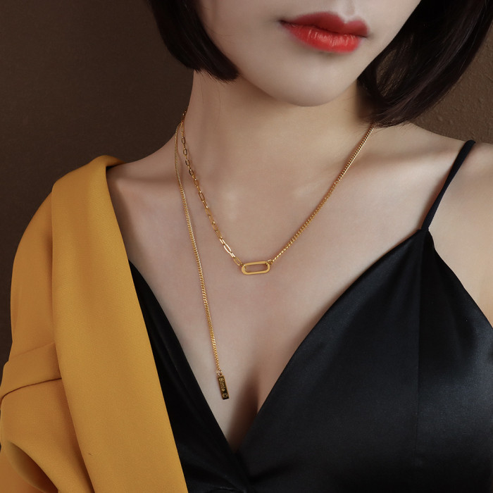 Stainless Steel Jewelry Tassel Smile Geometric Oval Pendant Necklace Women's Fashion Clavicle Chain