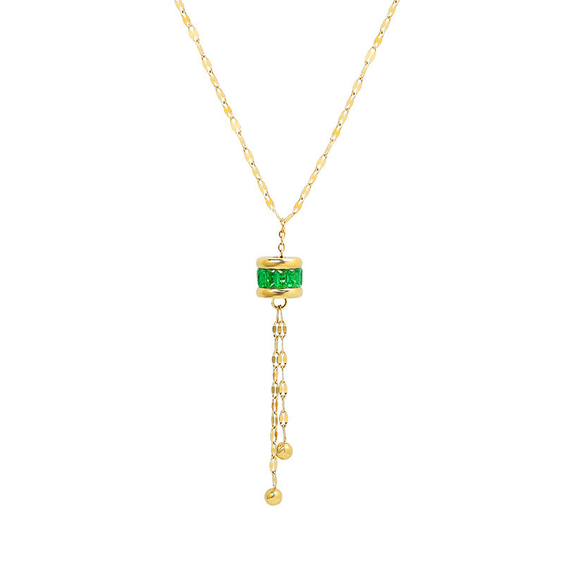 New Arrival Light Luxury Emerald Tassel Pendant Necklaces For Women Stainless Steel Zircon Stone Pendant Necklace Trendy Jewelry