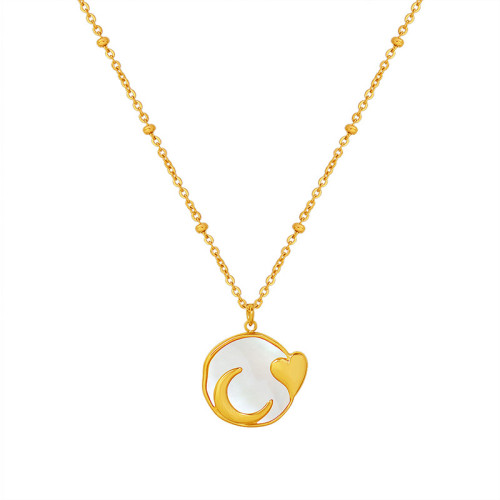 Fashion Trend French Peach Heart White Sea Shell Moon Pendant Titanium Steel Gold Plated Necklace Ladies Jewelry Gift