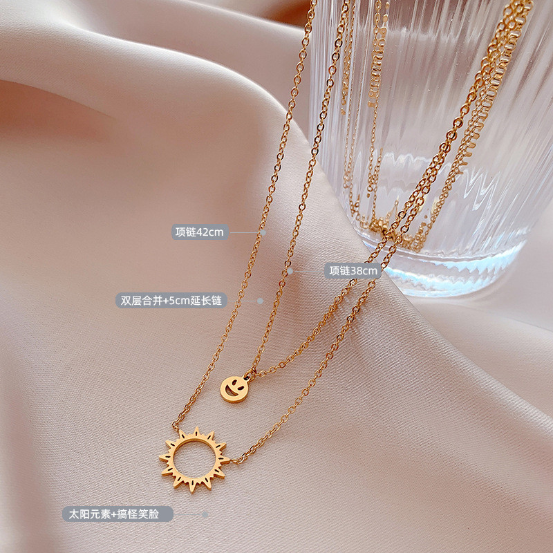 Trendy Double Layer Necklace Hollow Smiley Face Sun Flower Pendant Chain Necklace Stainless Steel Jewelry Gift