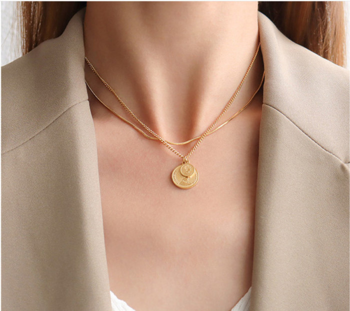 Vintage Layered Coins Human Head Pendant Necklace for Women Bohemian Multilayer Geometric Choker Collar Necklace Wholesale