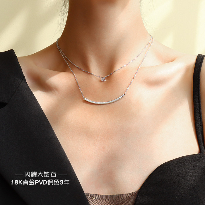 Stainless Steel Jewelry Smile Zircon Double Layered Necklace Women's Fashion Clavicle Chain