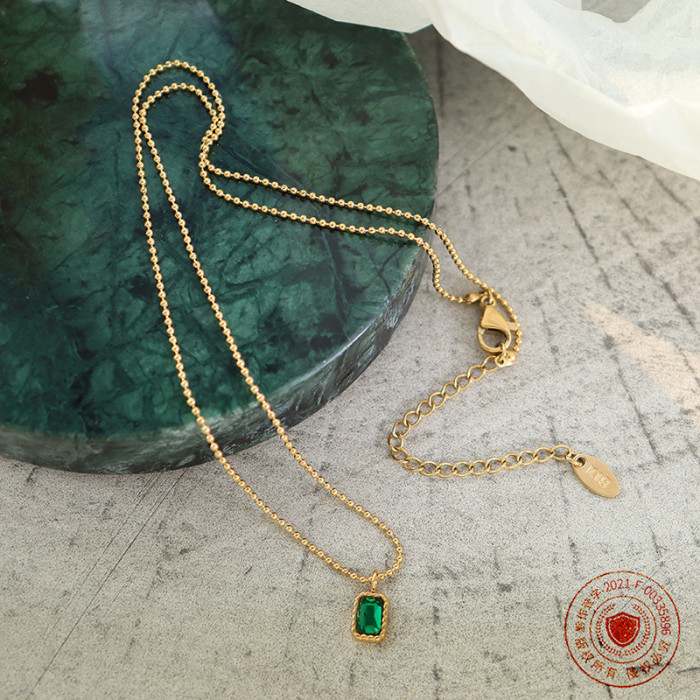 Jewelry Wholesale No Fade Small Green Zircon Square Pendant Necklace Waterproof Gold Jewelry