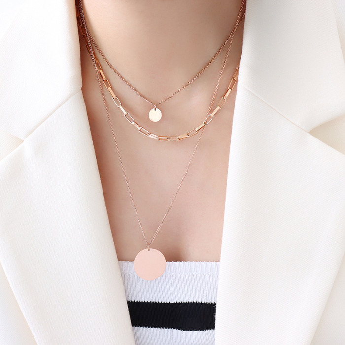 Stainless Steel Chain Round Coin Pendants Necklaces For Women Multi Layered Necklaces