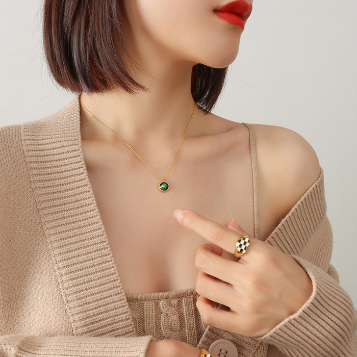 Genuine  Round Green Zircon Link Chain Clavicle Charming Necklace for Women Minimalist Party Jewelry