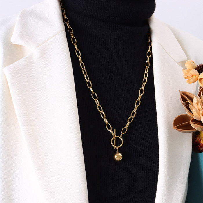 Rock Titanium Stainless Steel Round Ball Pendant Necklaces For Women Trendy Sweater Chian Long Necklace