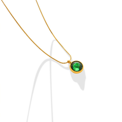 Genuine  Round Green Zircon Link Chain Clavicle Charming Necklace for Women Minimalist Party Jewelry