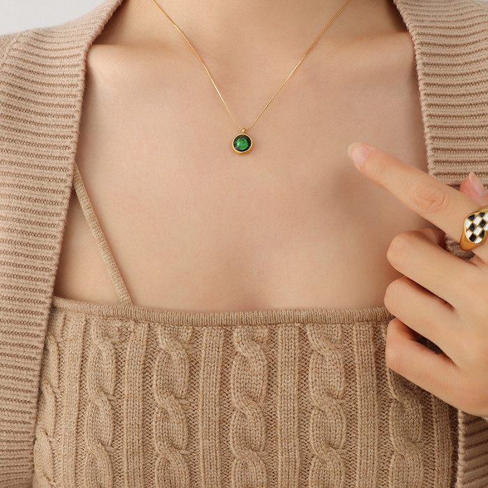 Genuine  Round Green Zircon Link Chain Clavicle Charming Necklace for Women Minimalist Party Jewelry