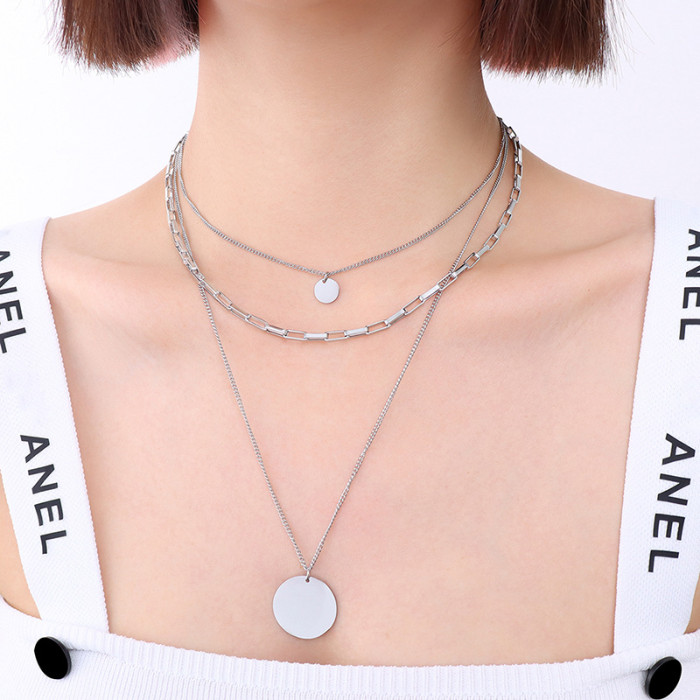 Stainless Steel Chain Round Coin Pendants Necklaces For Women Multi Layered Necklaces