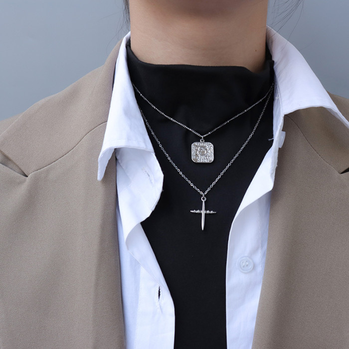 Number 5 Square Pendant Double Layer Necklace Men's Jewelry Gift Cross Double Layer Stainless Steel