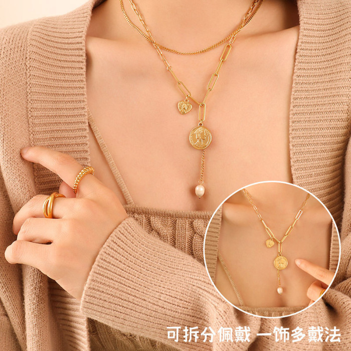Fashion Multilayer Imitation Pearls Coin Heart Pendant Necklaces for Women Gold Color Luxury Design Chain Necklace Jewelry Gift
