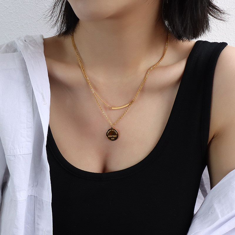 Stainless Steel Jewelry Round Brand Pendant Smile Double Layer Stacked Necklace Women's Fashion Clavicle Chain