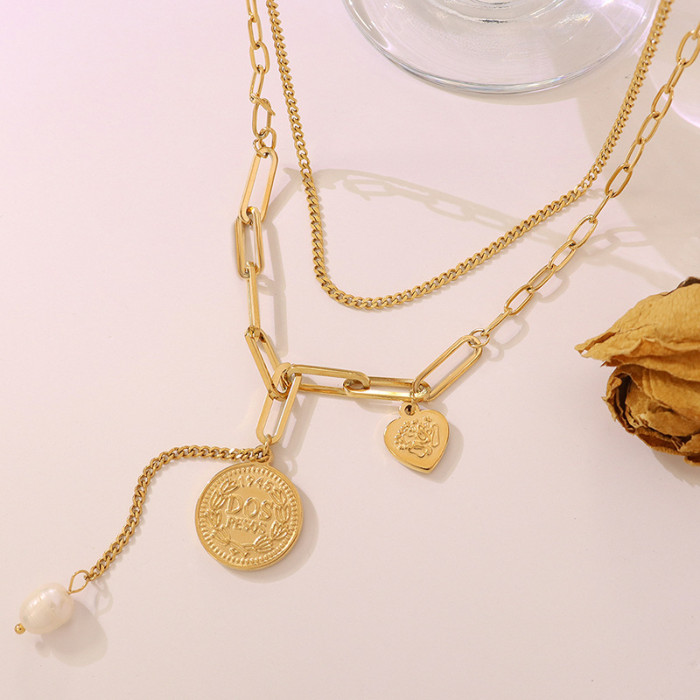 Fashion Multilayer Imitation Pearls Coin Heart Pendant Necklaces for Women Gold Color Luxury Design Chain Necklace Jewelry Gift