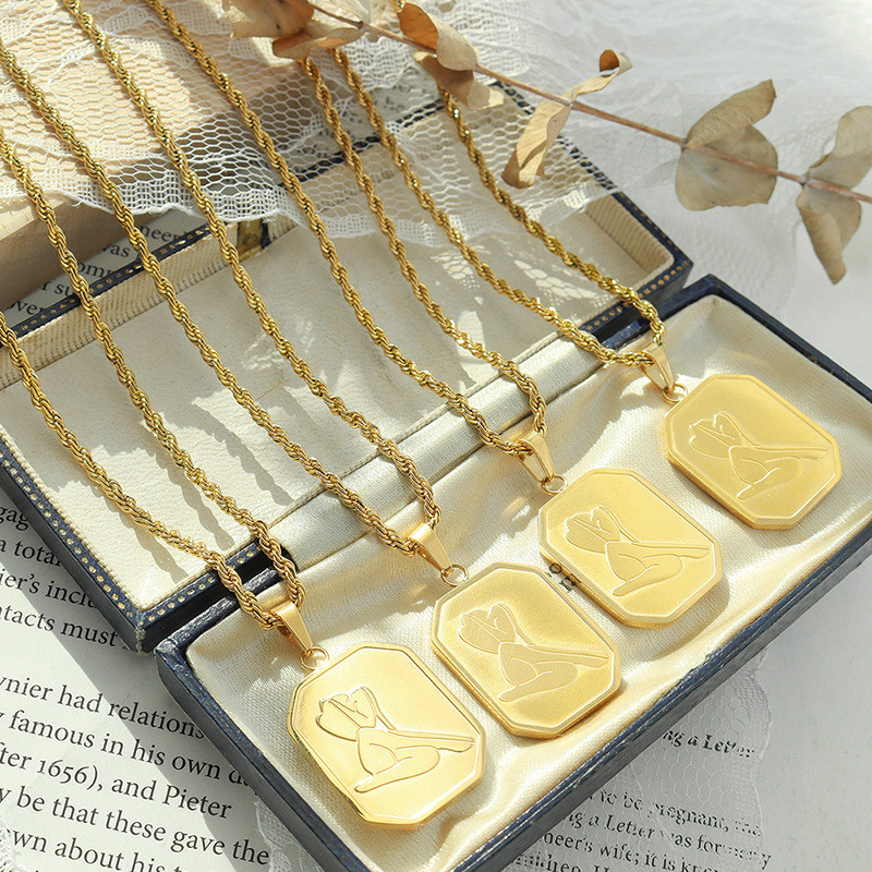Stainless Steel Pendant Necklace Stylish Metal Gold Color Square Necklace Collar Jewelry
